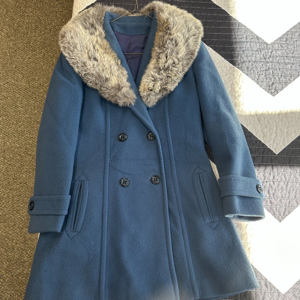 Vintage 1970's ILGWU wool and fur peacoat Size 8 in French Blue